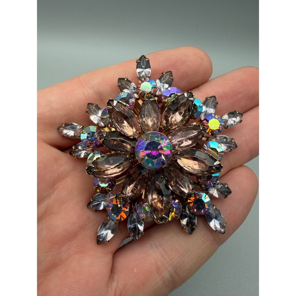 Vintage Juliana Style AB Rhinestone Starburst Brooch Smoky Gray Navette Pin#1158